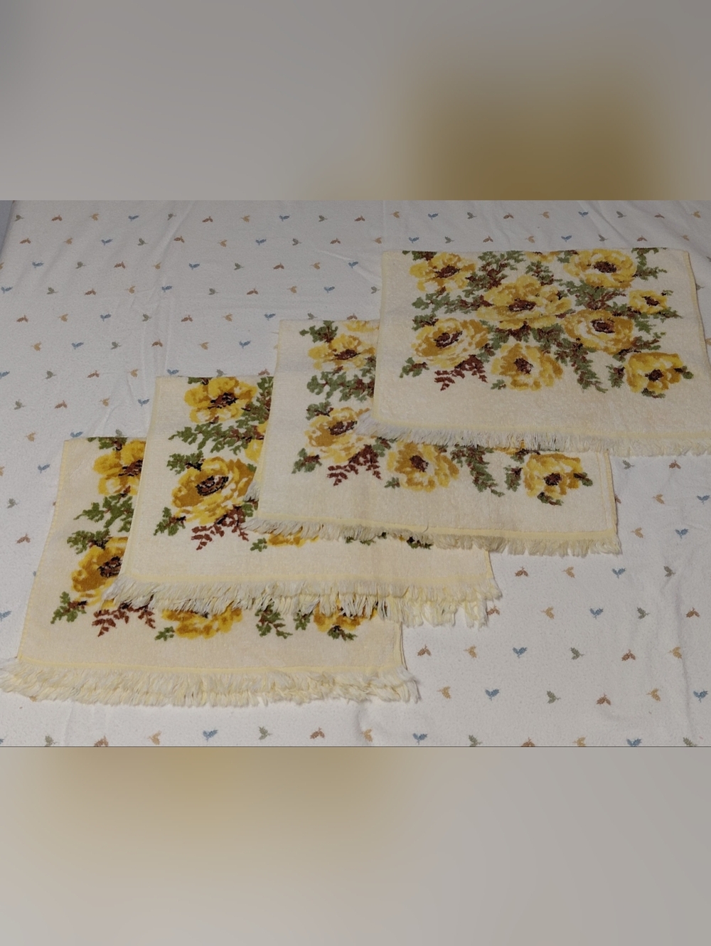 Yellow Floral Fringe Hand Towels - Set of 4